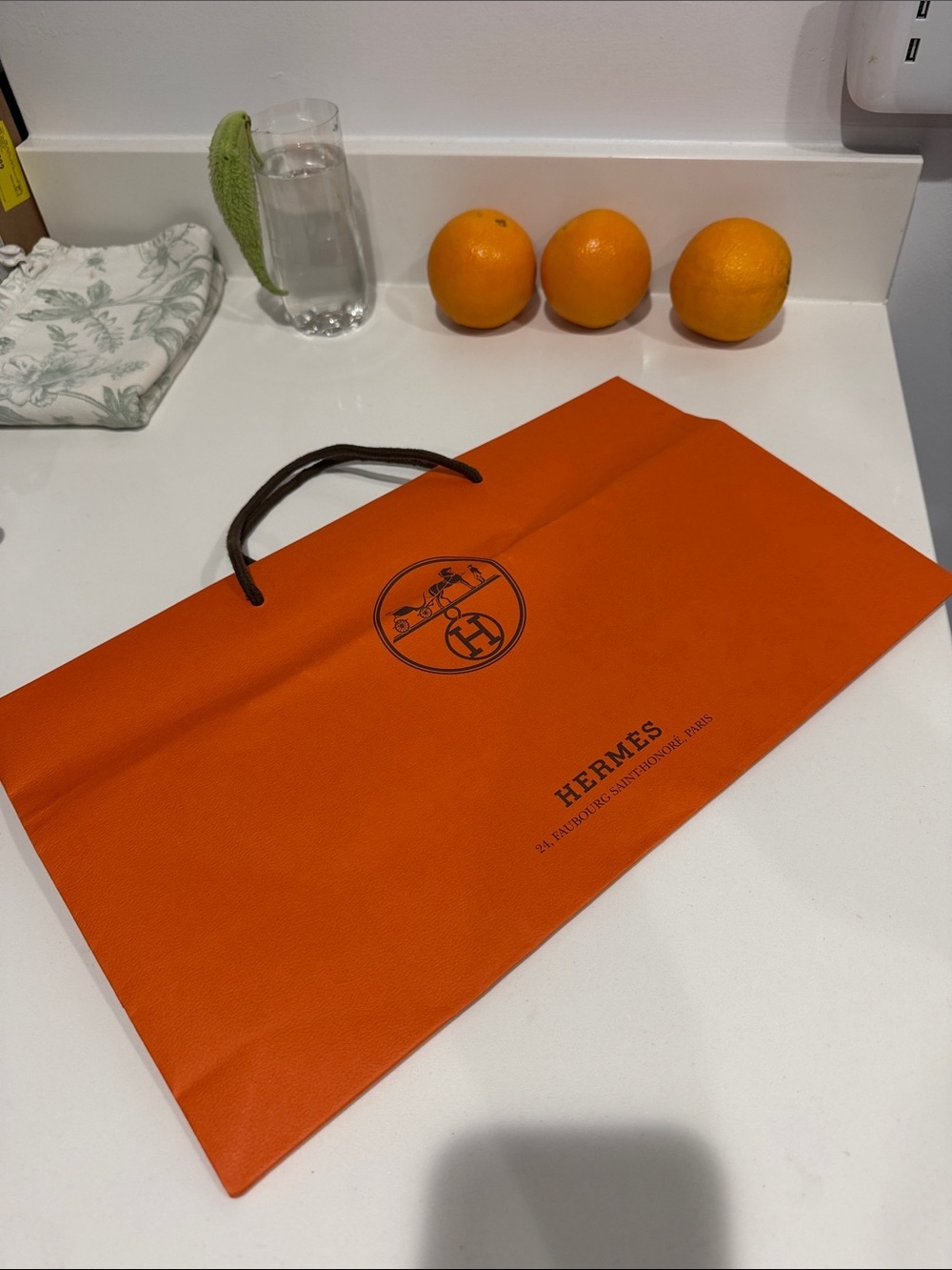 Hermes Orange Paper Shopping Bag with Dark Brown Handles